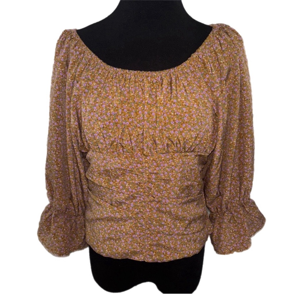 Lea & Viola Brown Flower Ruched Ruffled 3/4 Sleeve Blouse